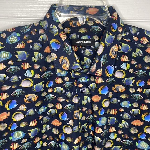 Jared Lang Shirt Navy with Fish Pattern Short Sleeve 2XL - Picture 3 of 5